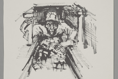 Die Reproduktionsgrafik einer Tuschezeichnung zeigt einen Bergmann, der bäuchlings auf einem Förderband liegt und mit der rechten Hand einen Stempel umklammert.