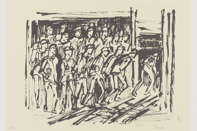 Die Lithografie zeigt links im Bild eine Gruppe von Bergleuten, die in einen Förderkorb am rechten Bildrand drängt.